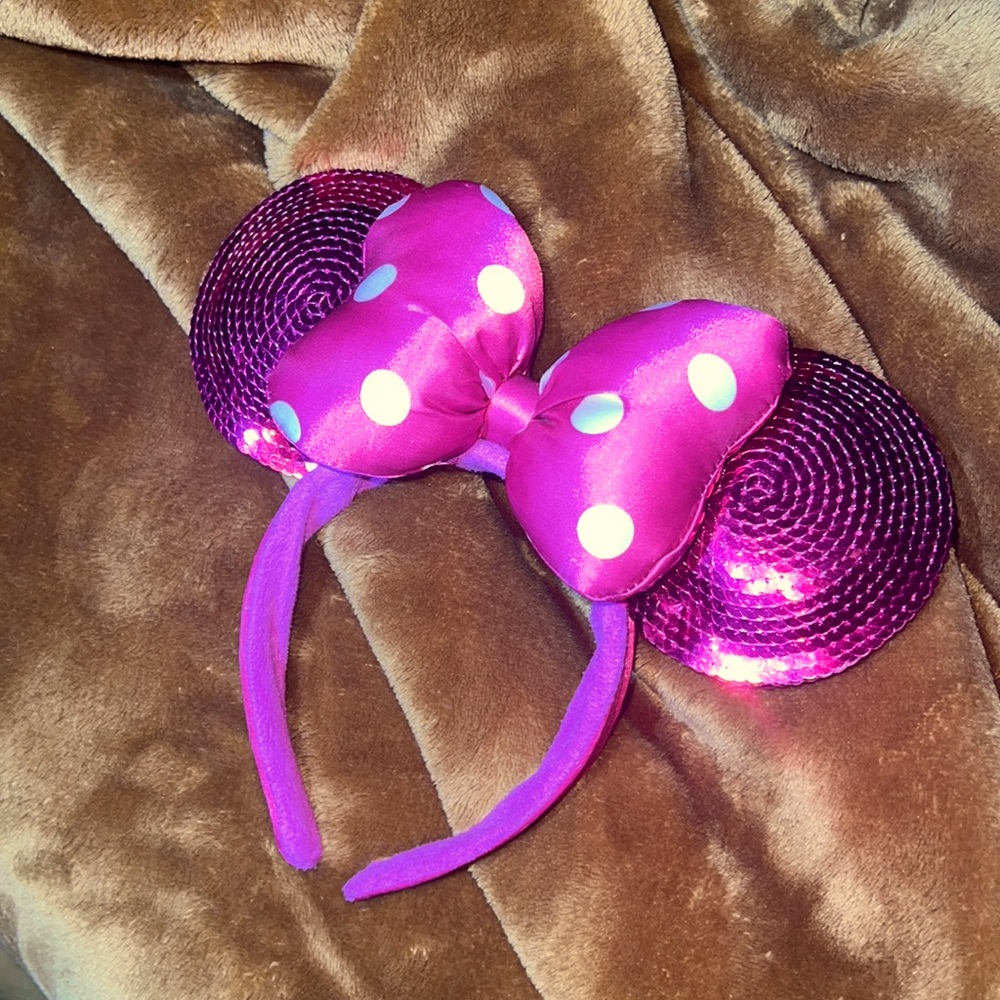 Pink Disney Minnie Mouse Ears w/ Polka Dot Bow and Sequins